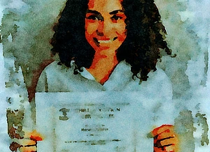 A smiling medical assistant holding a certificate in front