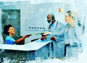 Two medical doctors are talking with a medical assistant who is sitting behind a counter