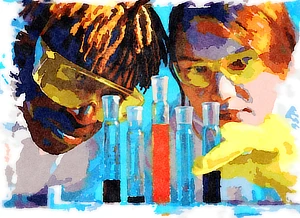 Two aspiring medical assistants are closely examining a range of test tubes in a test tube rack.
