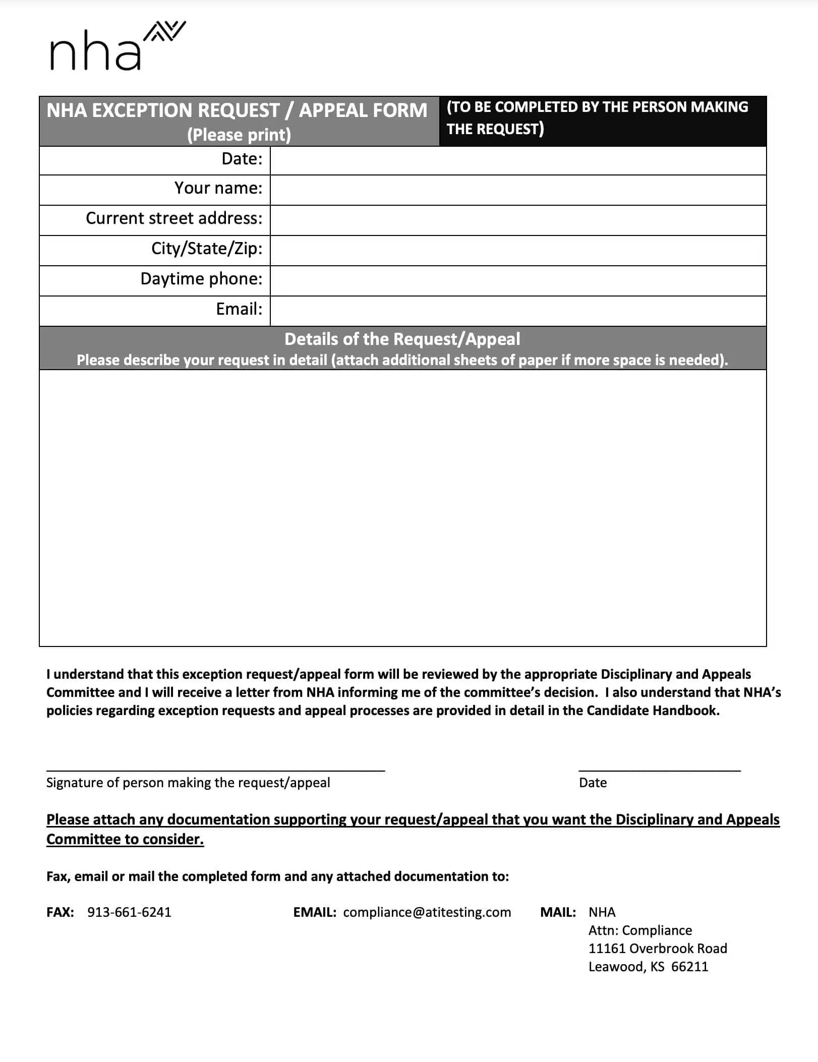 NHA appeal form