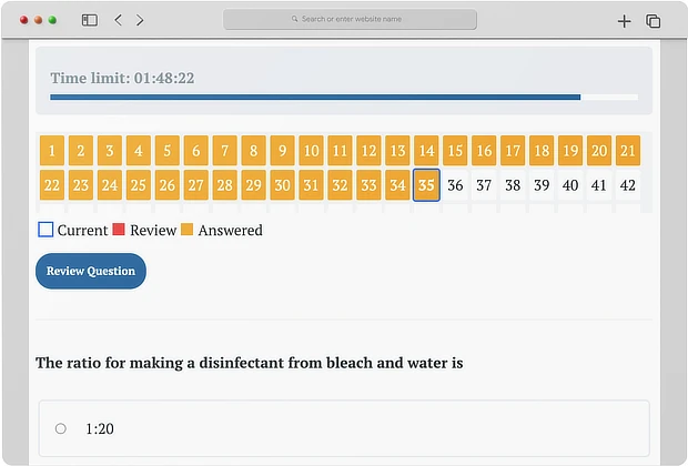 practice test user interface with two hours time count, question overview section and,
multiple choice section
