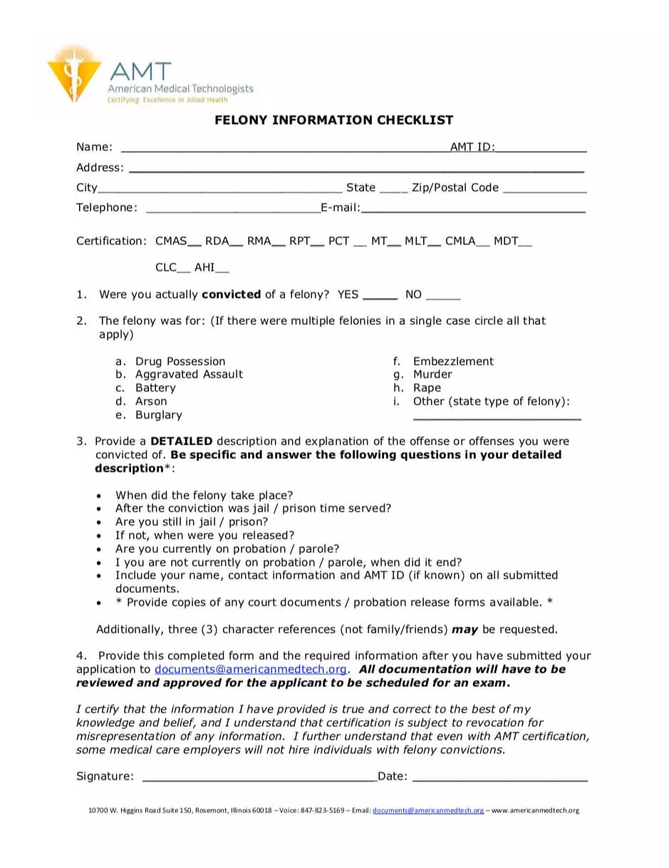 AMT waiver form for felonies